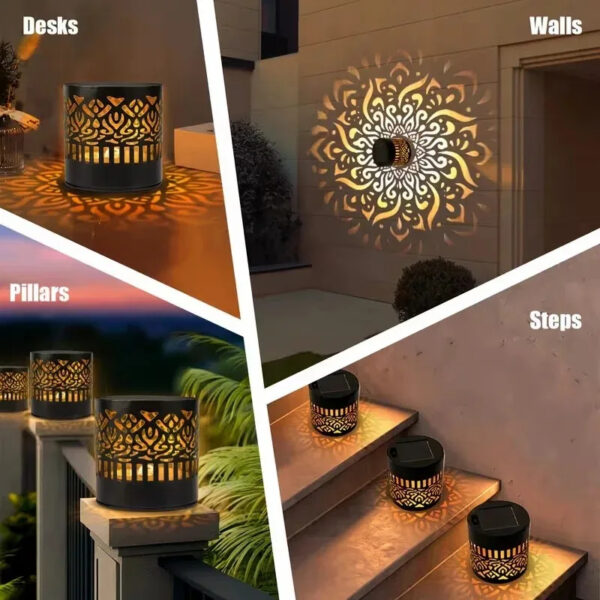 MandaGlow™ decorative solar wall light product close-up with a patterned light projection
