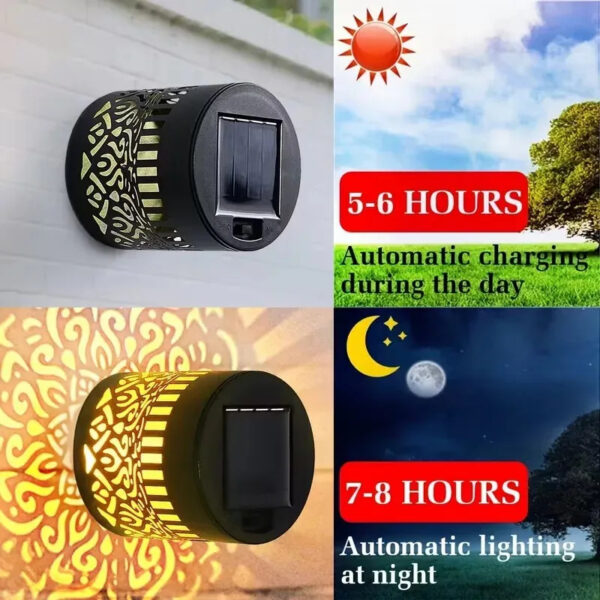 Multiple MandaGlow™ decorative solar lights projecting patterned light across an outdoor patio area