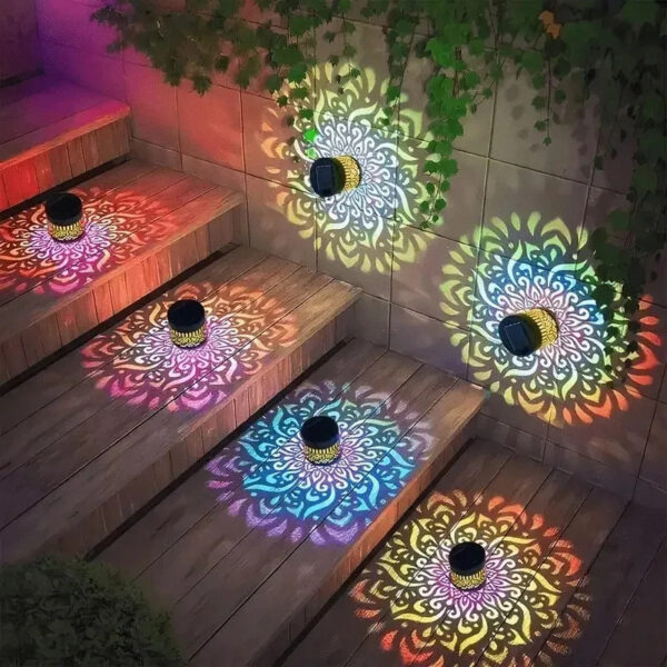 MandaGlow™ solar mandala projection lights shown in different outdoor placement examples